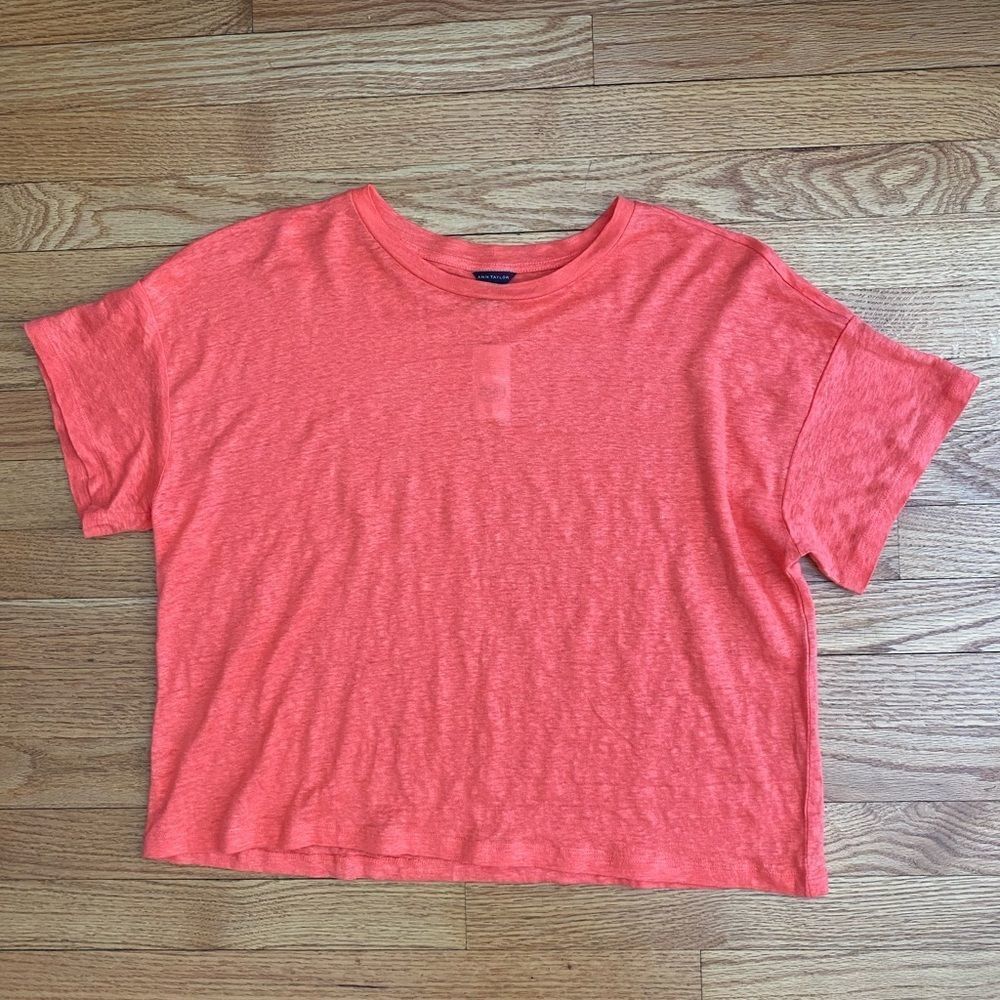 🆕 Ann Taylor Cropped Linen Tee, Size LARGE, Color ORANGE NECTAR